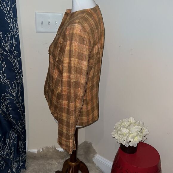 J. McLaughlin Silk Tweed Plaid Blazer Jacket Brown Orange Pockets sz 6 - Picture 2 of 11